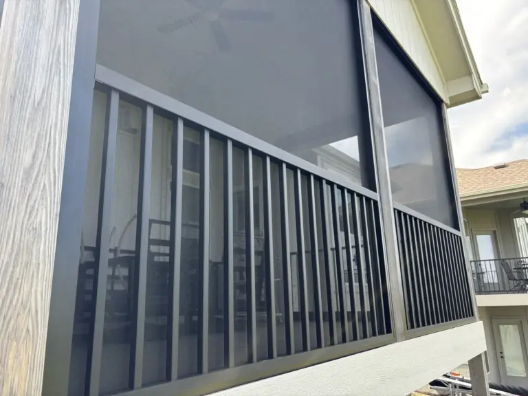 Close view of powder-coated aluminum railing built into the screen framing